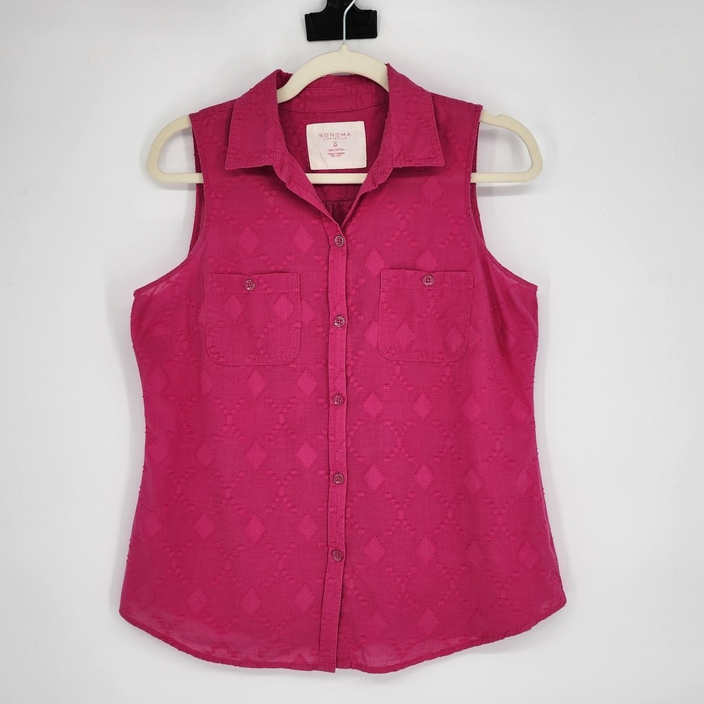Womens 100% Cotton Button Up Top Small Magenta Pink Summer Casual Beach Tropical